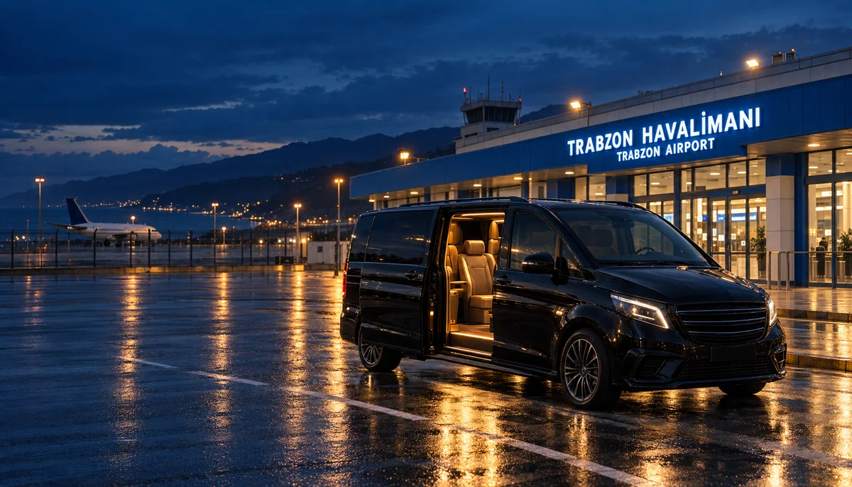 Trabzon Havalimanı önünde kapısı açık VIP transfer aracı; temsili sinematik açılış görseli